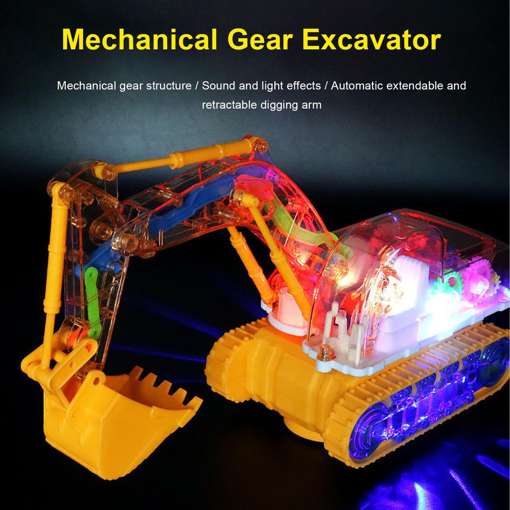 Light Up Transparent Gear Excavator Toy STEM Learning Excavator Construction Vehicle with Sound Effects Extendable Arm Yellow