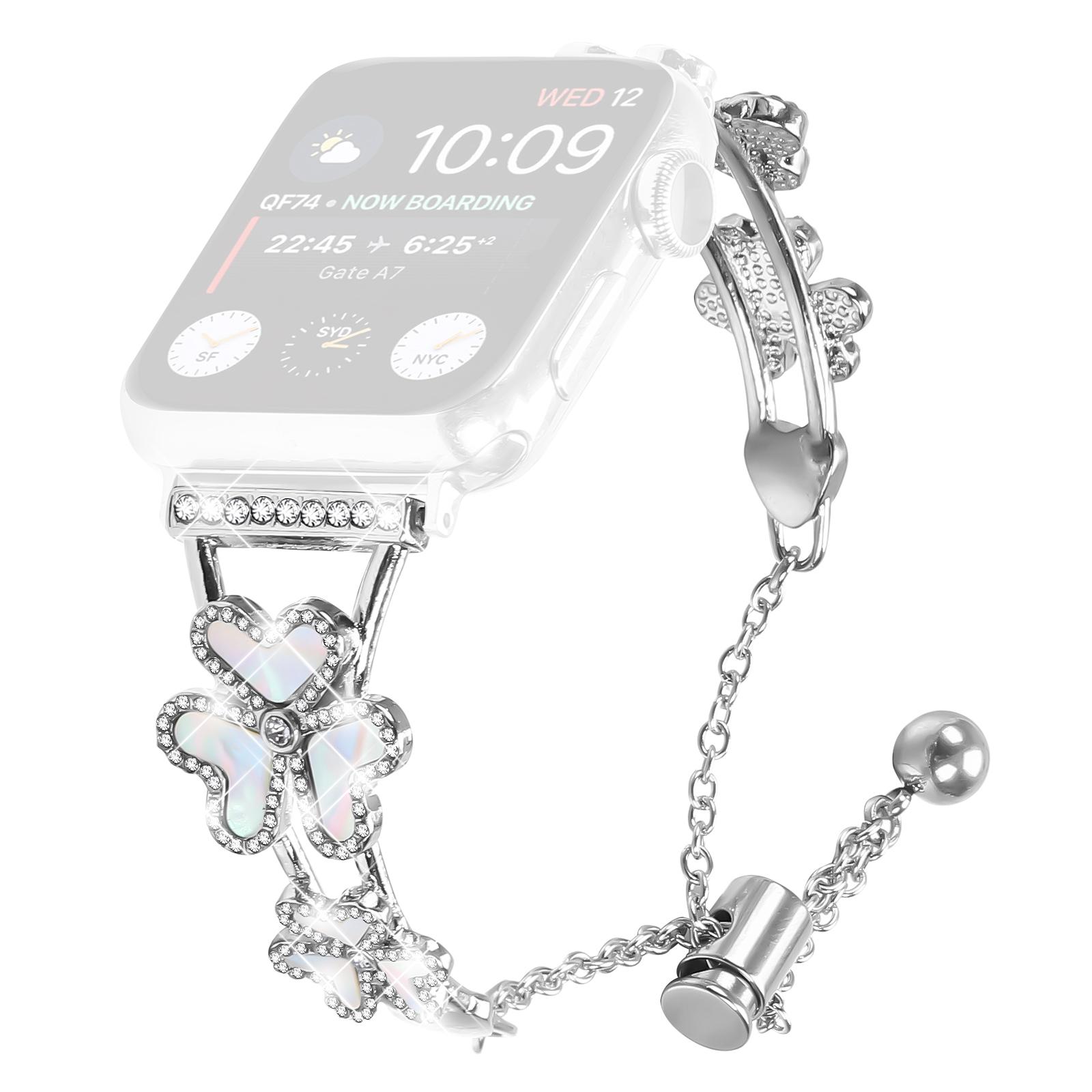 

Metal Band For Apple Watch Series 10 Ultra 9 8 7 SE 6 5 4 3 2 1 46mm 49mm 45mm 44mm 42mm Heart Clover Decor Watch Strap Silver