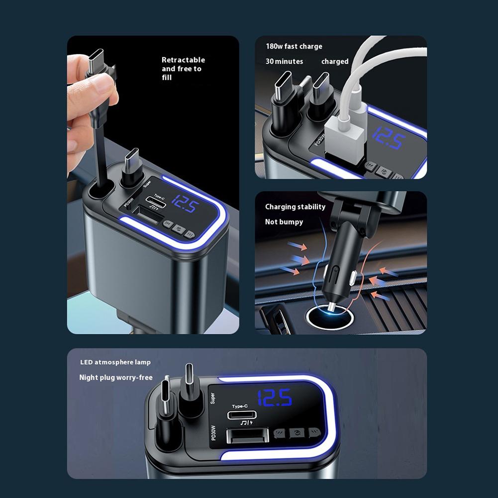 180W 5 IN 1 Retractable Car Charger - Bluetooth Fast Charge Cord. Type C Cable for iPhone Mobile Phones. Cigarette Lighter Adapt