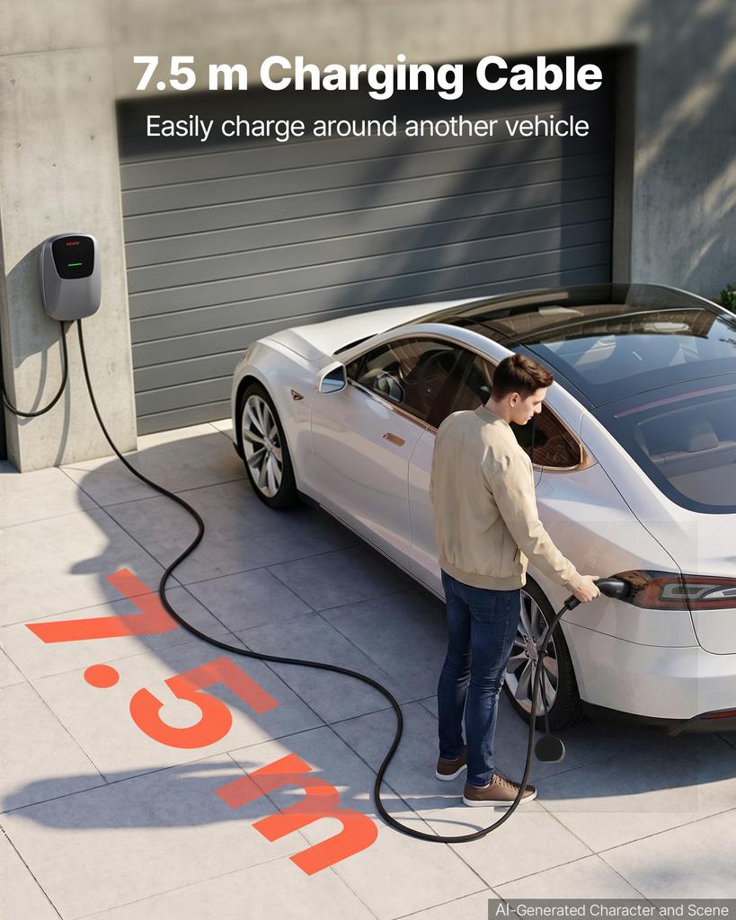 VEVOR Electric Vehicle Charging Station 22kW Three-Phase EV Charger 7.5M, for All EVs and PHEVs, 400V AC Home Type 2 Smart Car Wallbox, 32A Current