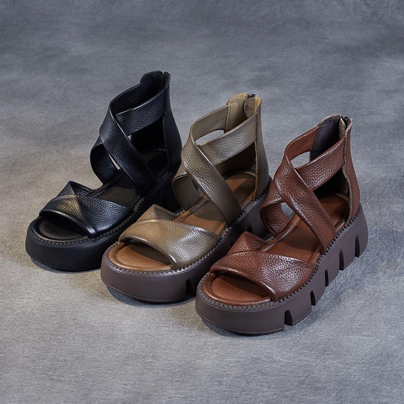 Thick Soled Sandals Women 'S Summer New Vintage Leather Muffin Shoes Back Zipper Fish Mouth Roman Shoes