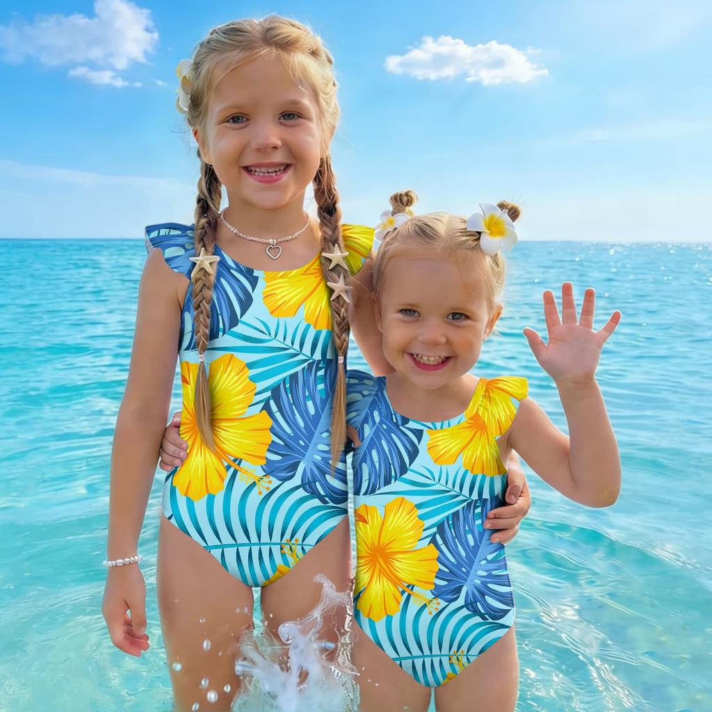 Girls One Piece Swimsuit Hawaiian Print Kids Swimwear Toddler Child Beachwear Sleeveless Ruffle Shoulder Bathing Suit for Summer Pool