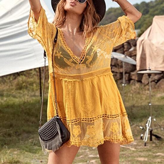 Bikini Cover Up Lace Hollow Out Summer See Through Sun Protection Swimwear Tunic for Beach