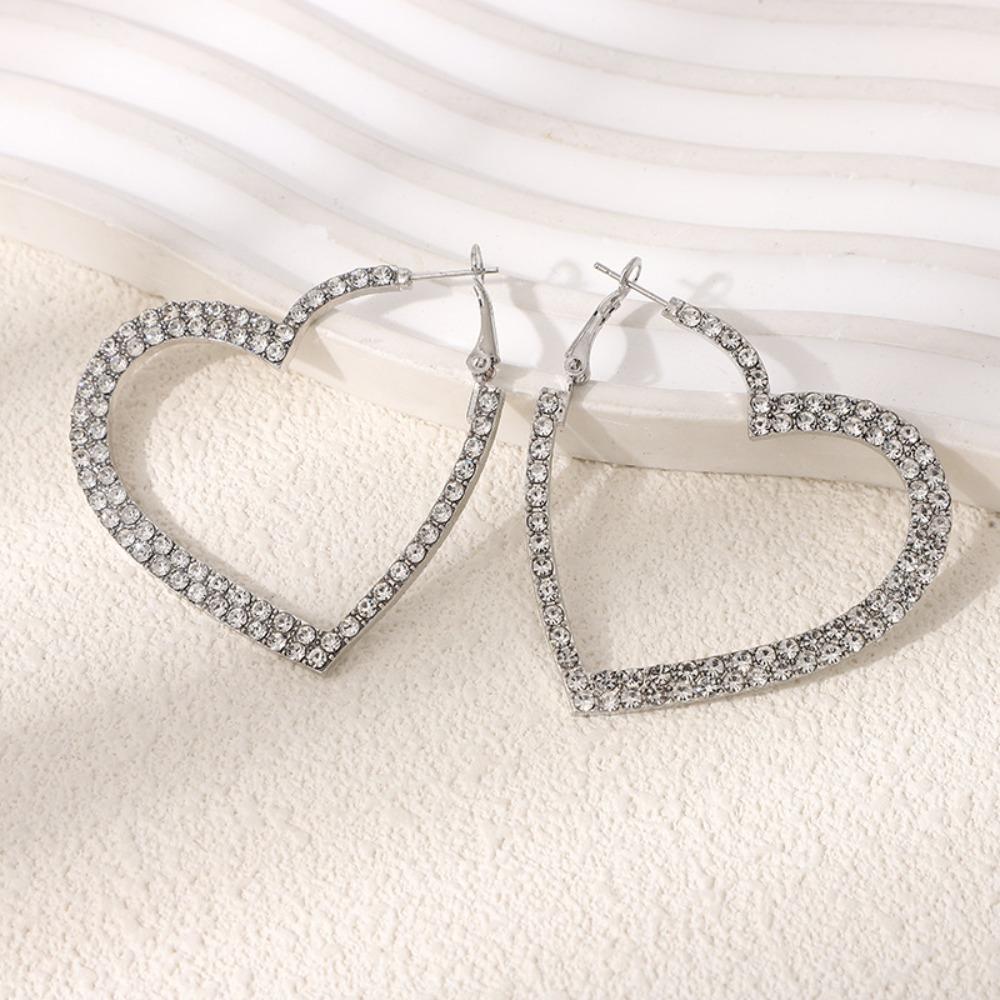Exaggerated Romantic Full of Zircon Sparkles Geometric Great Heart Shape Hoop Earrings for Women Exquisite Temperament Jewelry