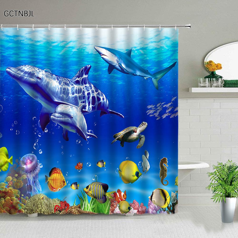 Funny Dolphin Shower Curtains Cute Ocean Animal Blue Seawater Sea Wave Scenery Bathroom Decor Cloth Hanging Curtain With Hooks