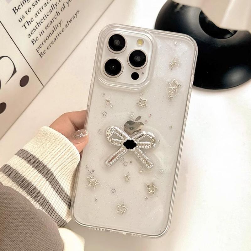 Bow Glitter Epoxy Mobile Phone Case For Iphone17Promax Stars Apple 16Plus Transparent 14 Women