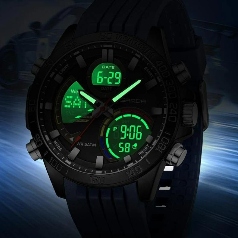 SANDA Electronic Cool Watch Waterproof Alarm Clock Multi Functional Stainless Steel Men's Fashion Quartz Watches
