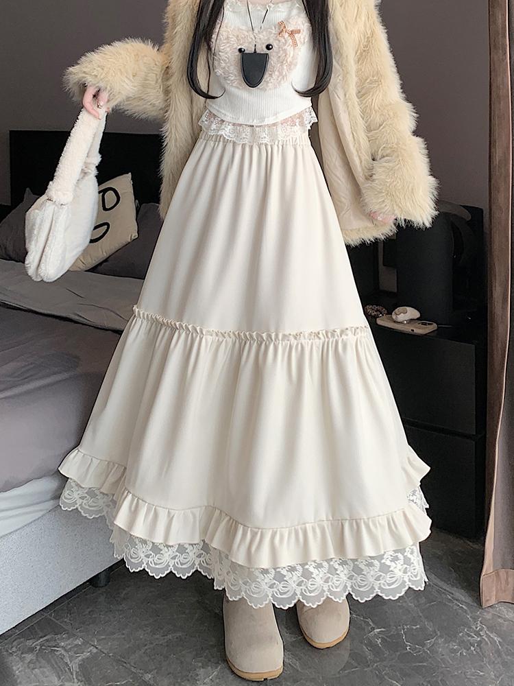Lace Spliced Midi Skirts for Women High Waist Sweet Vintage A-line Cake Skirt Fashion Clothing Spring Autumn