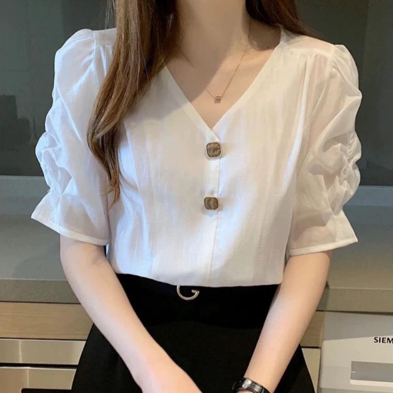 WTEMPO Brand Solid Colour Chiffon Shirt Women's Short-sleeved Shirt Summer Fashion Versatile Loose V-neck Bubble Sleeve Tops