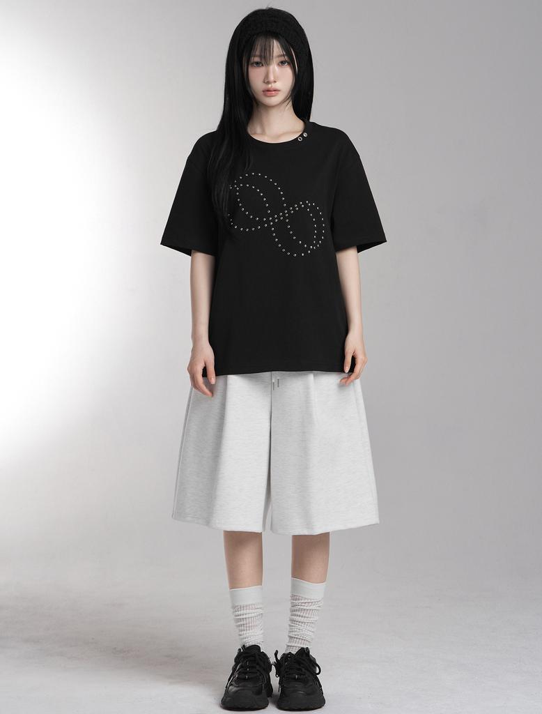 Lupeu Eyelet Stud Oversized Short Sleeve Tee Black