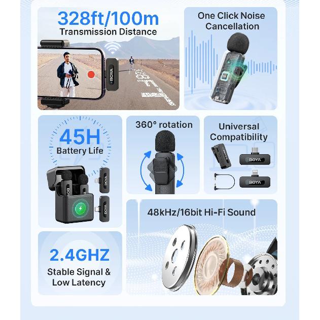 Microfono lavalier wireless BOYA BY-V3 con clip, microfono ricaricabile con cancellazione del rumore per iPhone, Android, fotocamera, live streaming, vlogging