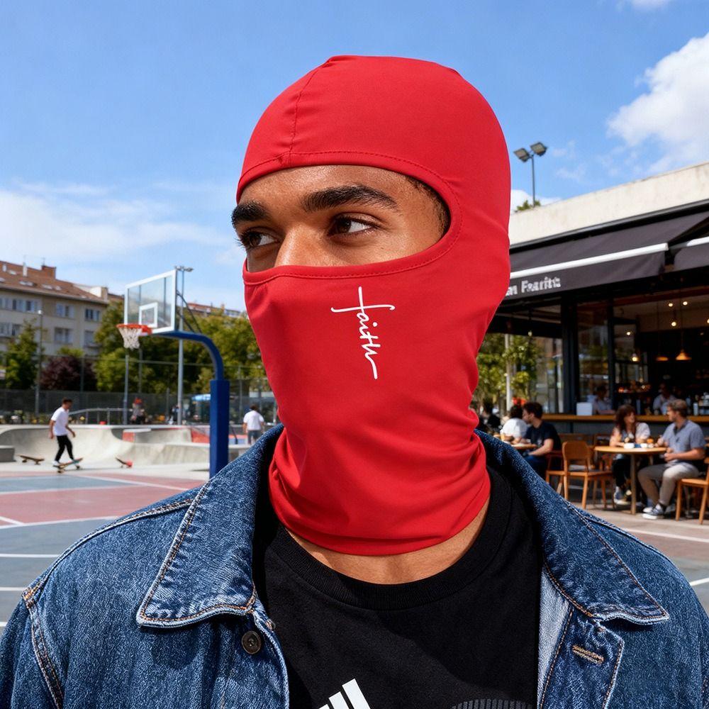 Letter Print Full Face Mask Red Heart Pattern Hood Cover Balaclava Hat Sun Protection