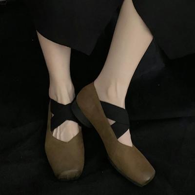 Mary Jane Shoes Women's Low Heeled Ballet Shoes Outside Cross Square Toe Shallow Cut Retro Flat Sole Single Shoe High Heels