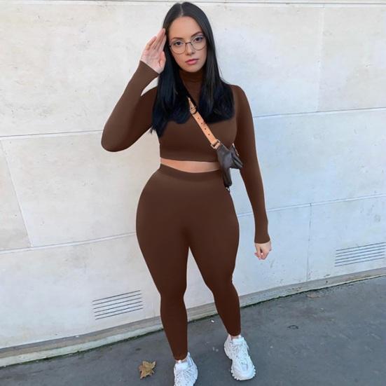 Casual Workout Two Piece Outfits for Women Long Sleeve Crop Top High Waisted Legging Pants