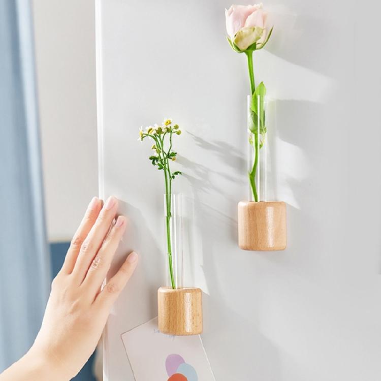 Decorative Wood Test Tube Vases With Magnetic Base Hydroponic Plant Display Vases Refrigerator Magnet For Home Decors