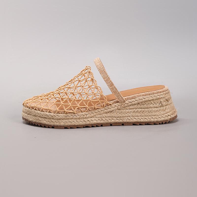 Hemp rope slope heel platform sandals women's mesh hollow breathable casual flat bottom cool slippers daily fashion breathable mesh
