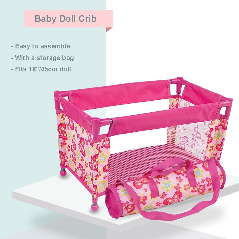 Berço de Boneca Bebê Pack and Play Acessório Cama de Boneca DIY de Simulação para até 18 Bonecas com Bolsa para Levar Brinquedo Presente para Meninas e Crianças