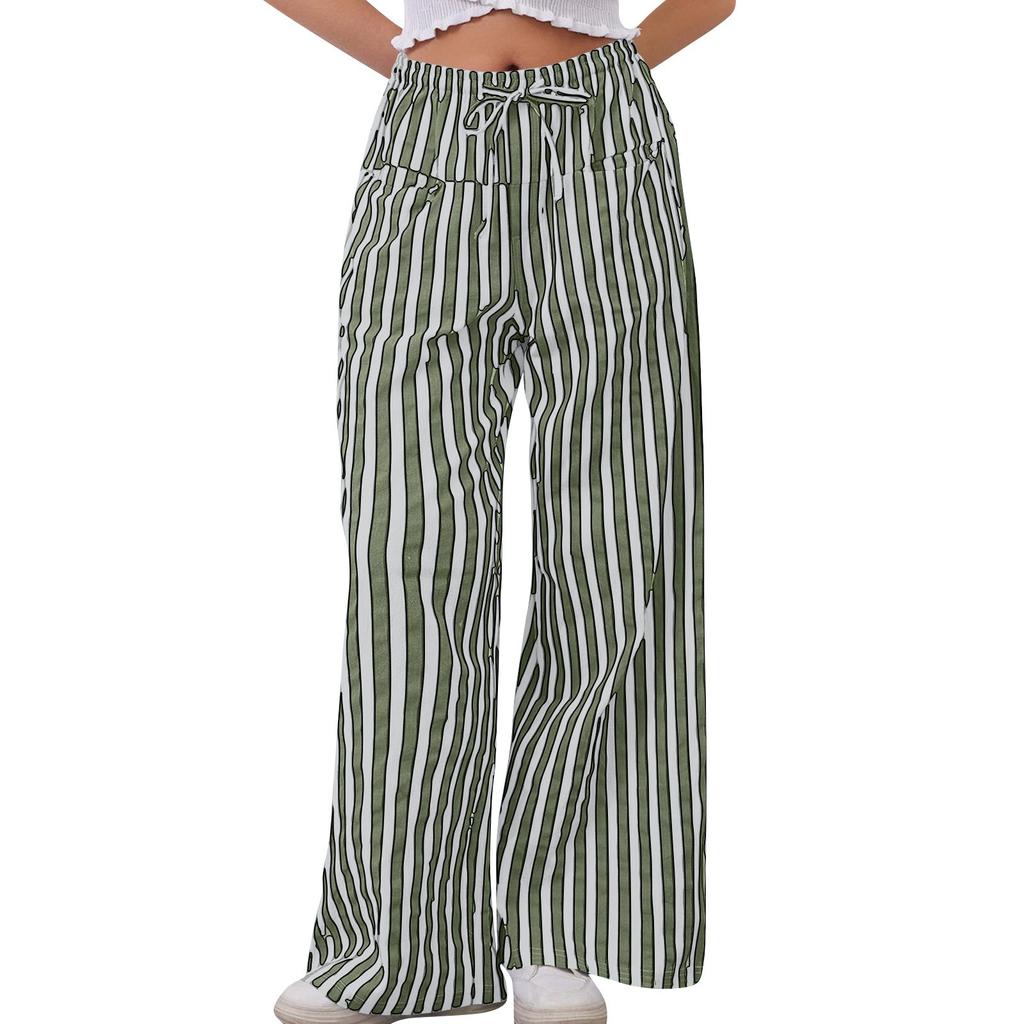 Women's Fashionable Drawstring Striped Wide Leg Pants With Low Waist Pockets And Loose Casual Pants