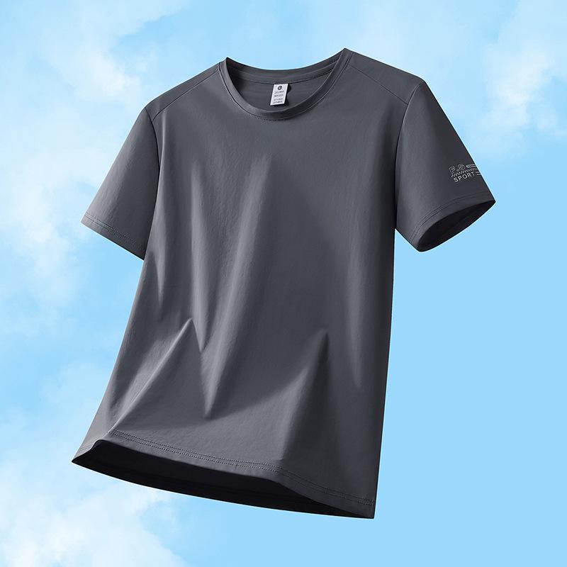 Men's Quick-Dry Ice Silk Short Sleeve T-Shirt - Solid Color, Casual, Elastic, Plus Size, Sports Fitness Top