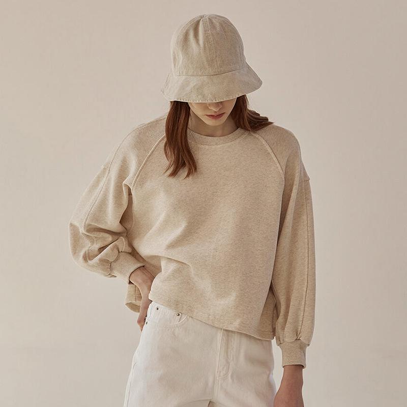 Spring 2025 French Casual Cotton Sweater - Loose Fit, Short Lantern Sleeves for Women