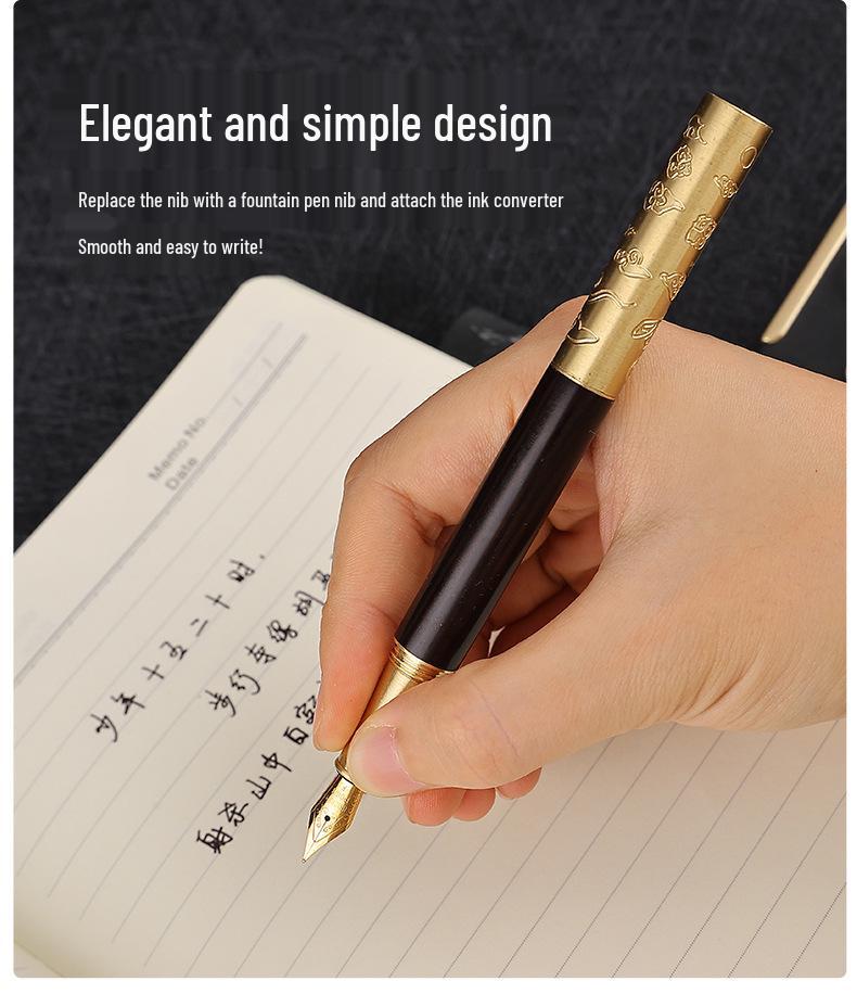 Retro Brass & Sandalwood Pocket Fountain Pen Set – Signature Calligraphy and Business Office Gift.
