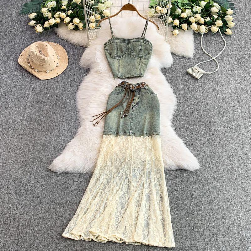 

American vintage Short Denim Cami + Lace-up High Waist Slimming Lace Stitching Half-Length Long dress Two-piece Set Light green L