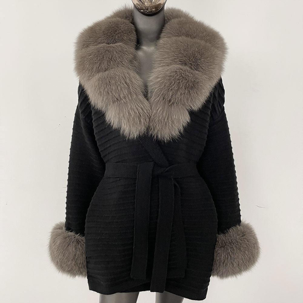OFTBUY Podzimní Dámský Měkký Dlouhý Pravý Velký Liščí Kožich Teplý Pletený Kabát Pásek Klopa Límec Svrchní Oblečení Ležérní Svetr Bunda Volná Dámská Elegantní Dlouhá