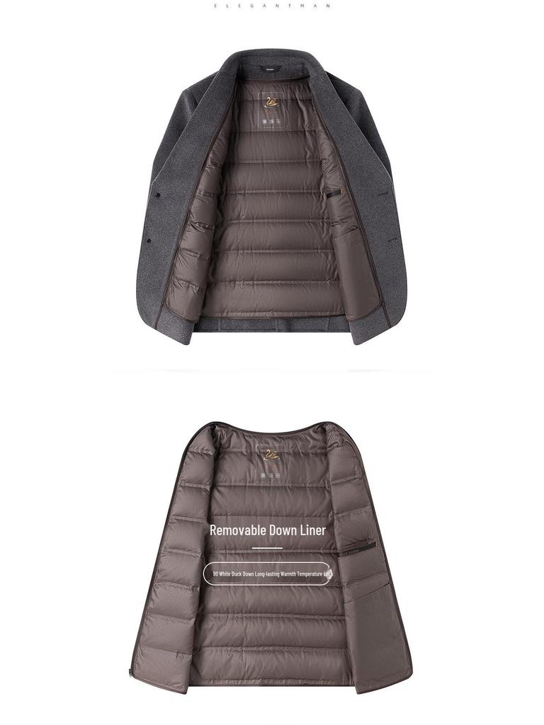 Men's Double-Sided Wool Casual Suit with Detachable Down Liner, Single-Breasted, Ideal for Autumn/Winter, Suitable for Middle-Aged and Young Men