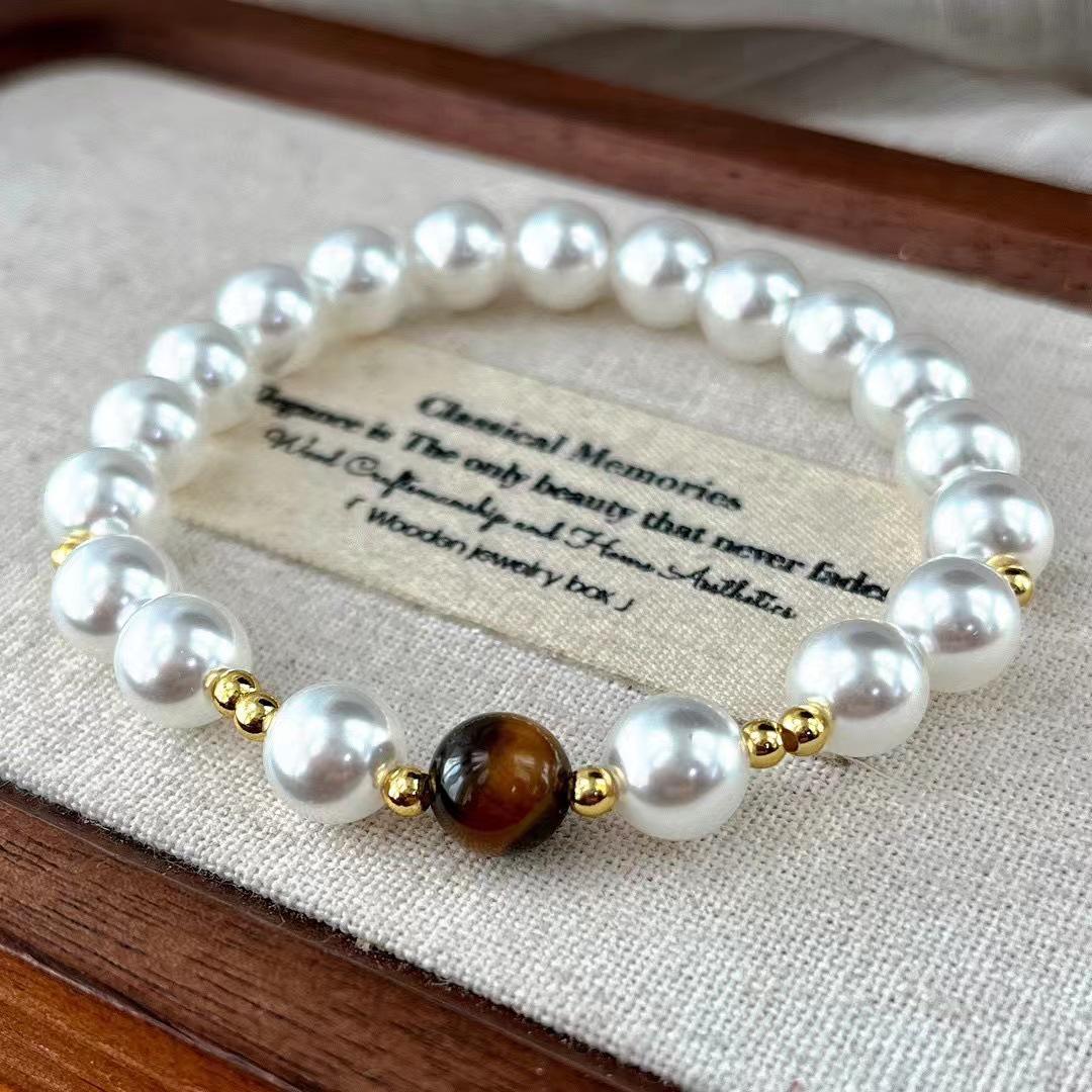 

Vintage Maillard Style Natural Tiger S Eye Stone Artificial Imitation Australian White Pearl Bracelet