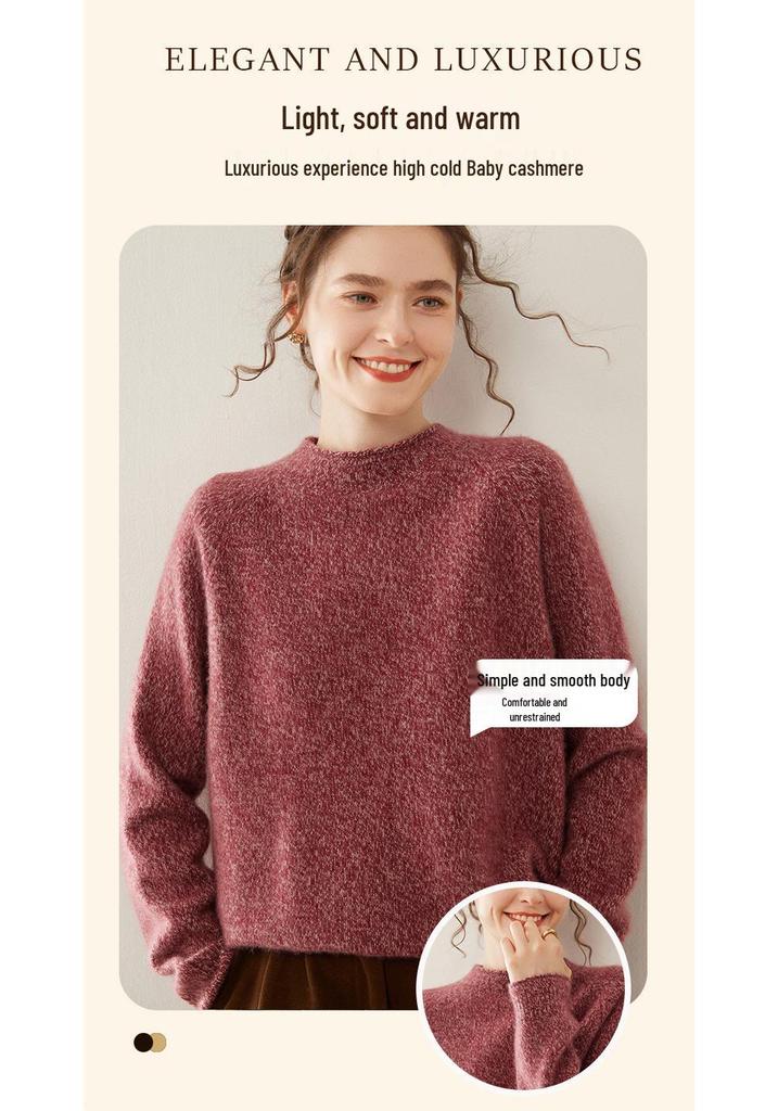 Women's Thickened Cashmere Sweater: Half-High Collar, Raglan Sleeve, Marled Yarn, Rolled Hem, Warm Long Sleeve Base Layer.
