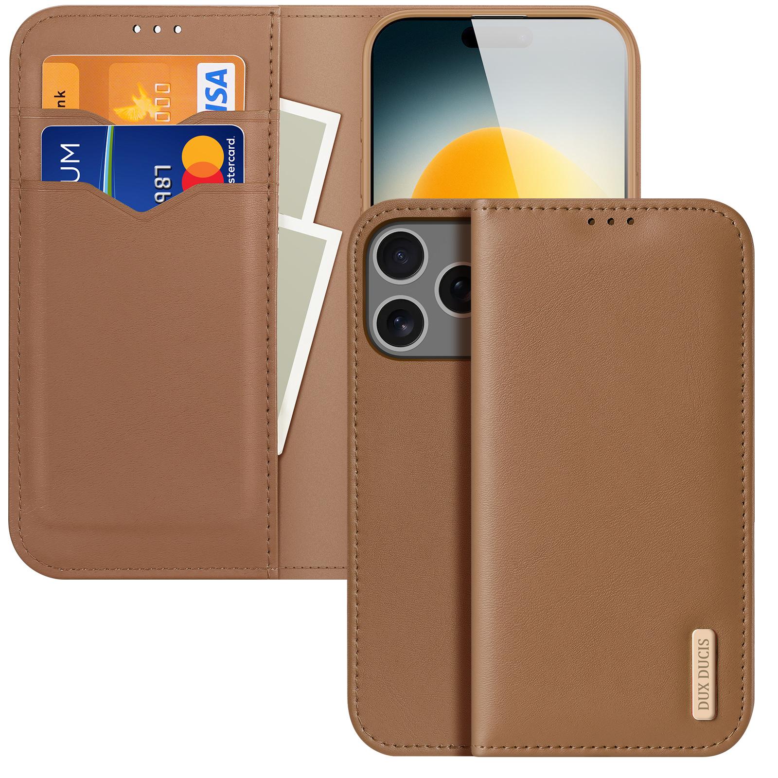 

For iPhone 17 Pro Case DUX DUCIS Hivo Series Cowhide Leather RFID Blocking Wallet Stand Flip Phone Cover Brown