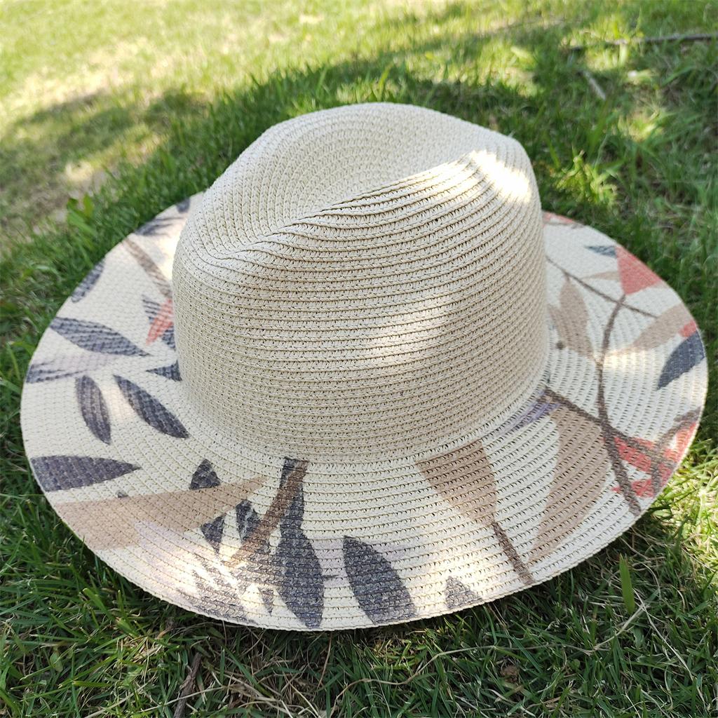 Handmade Graffiti Design Straw Hat Women'S Summer Fresh Grass Weaving Sun Shade And Sunscreen Hat Panama Jazz Sun Hat
