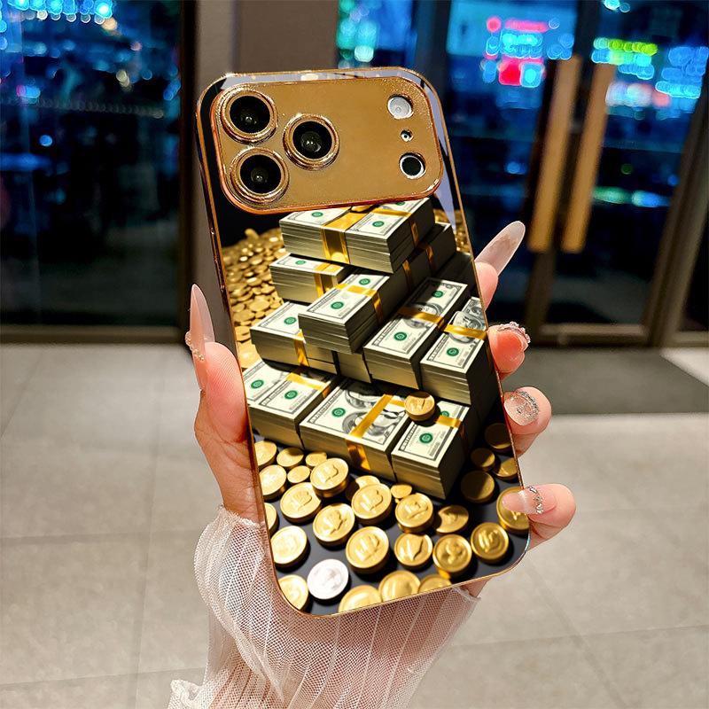 Money Stacks Art Electroplated Golden Phone Case For iPhone 17Air 17 16 15 14 13 12 11 Pro Max Plus 16E XR 7 8 Xs X Glass Cover