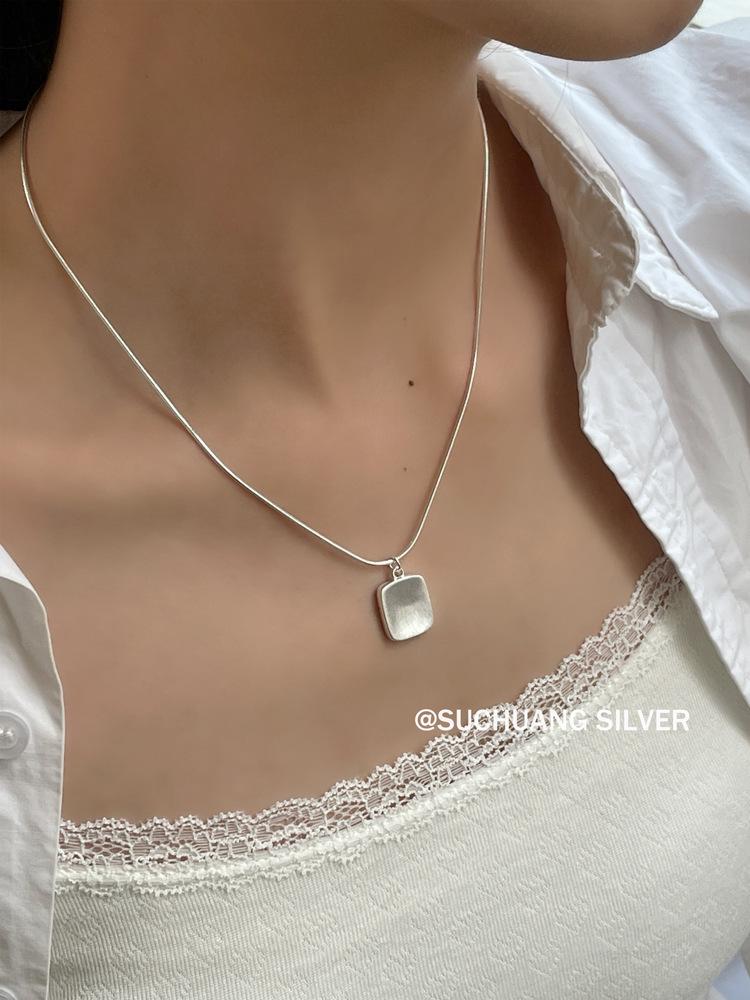 S925 Sterling Silver Square Brushed Snake Bone Necklace - Korean Style, Layered Design, Simple Clavicle Chain for Girls