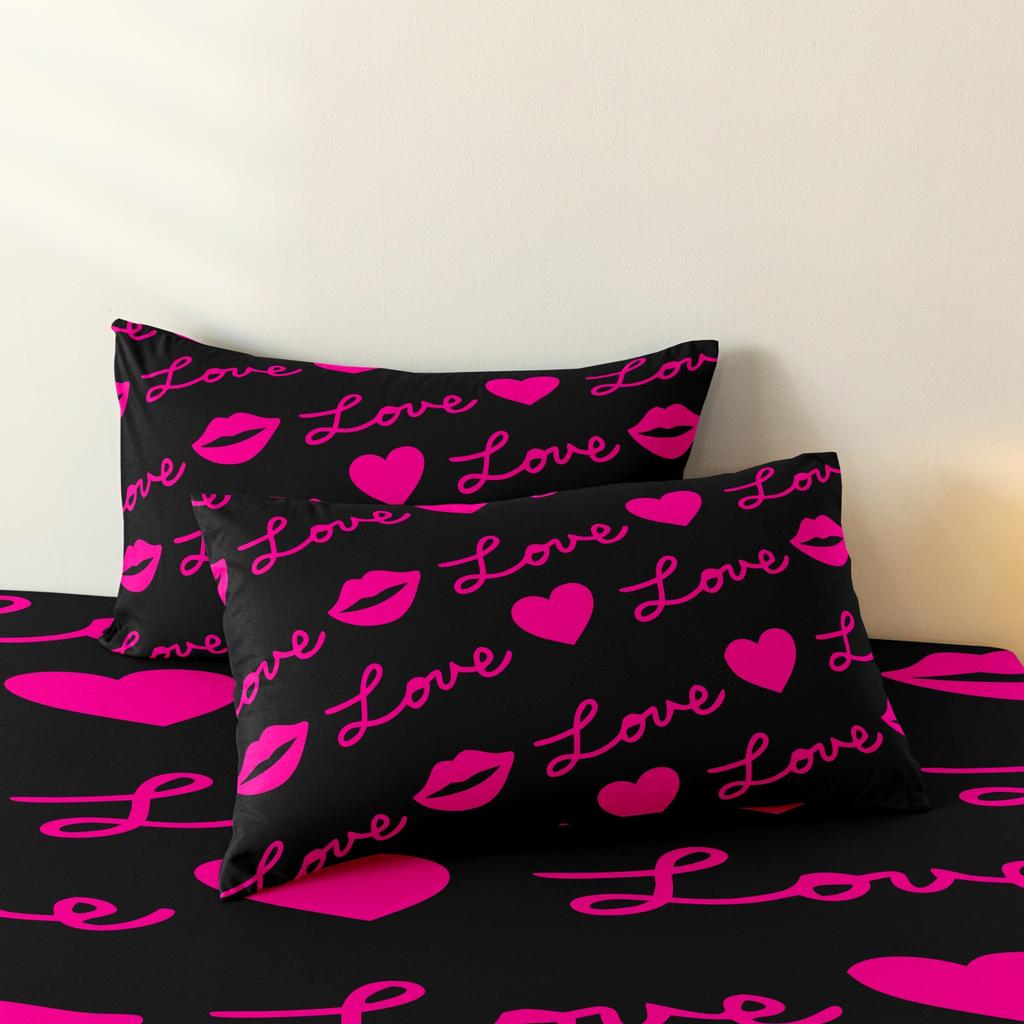 Black Hot Pink Love Letter Heart Lips Print 3 Pieces Duvet Cover Bedding Set, Romantic Pink Lip Heart Cursive Love Print Bedding