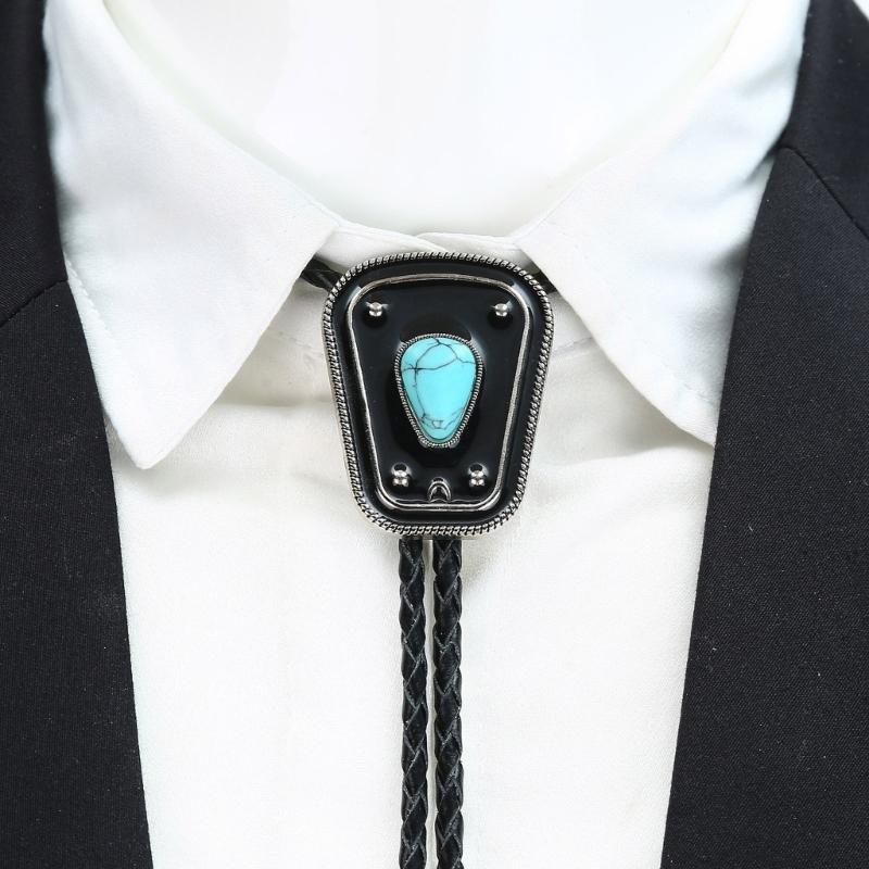 Men Women Bolo Tie Necktie Artificial Leather Braided Rope Necklace with Enamel Stone Pendant Jewelry Cowboy Neckwear
