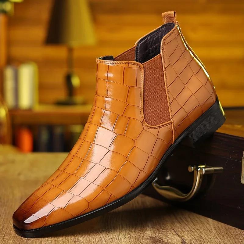 Big Size Stone Pattern Dress Shoes for Men Autumn Winter  Soft-soled Men Leather Boots New Designer Platform Chelsea Boots Male
