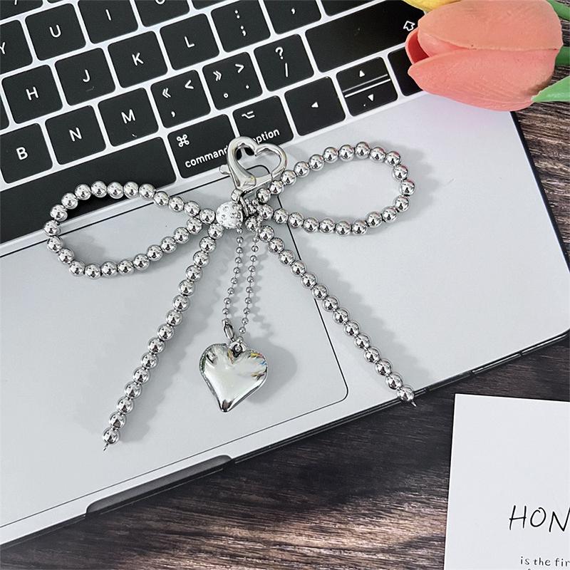 Ins Style Bowknot Beaded Phone Pendant Love Buckle Key Chain Silver Heart Headphone Case Charm Bag Decor Car Key Ring
