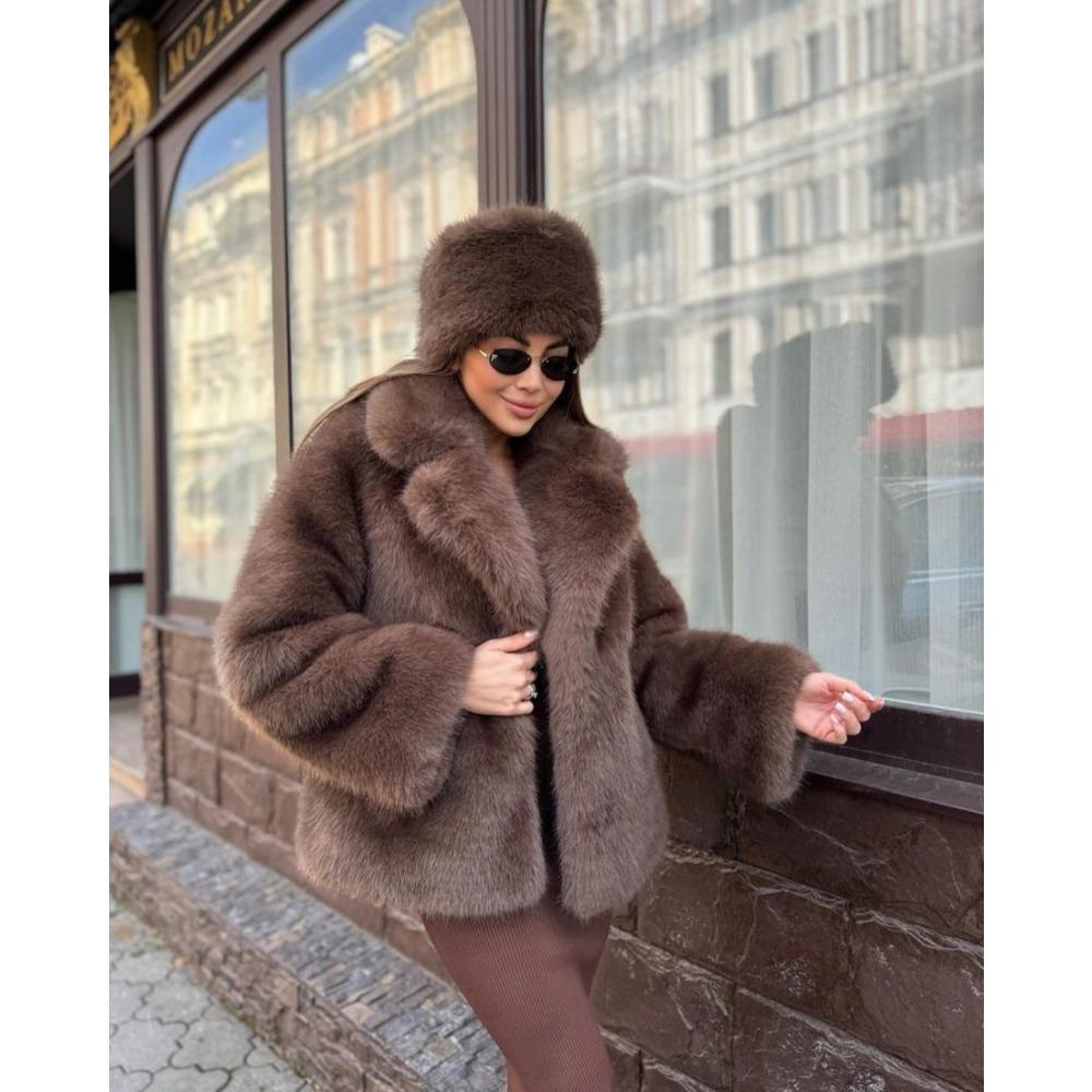 Women's Turn Down Collar Long Sleeve Faux Fox Fur Jacket Loose Fit Girly Style Furry Coat