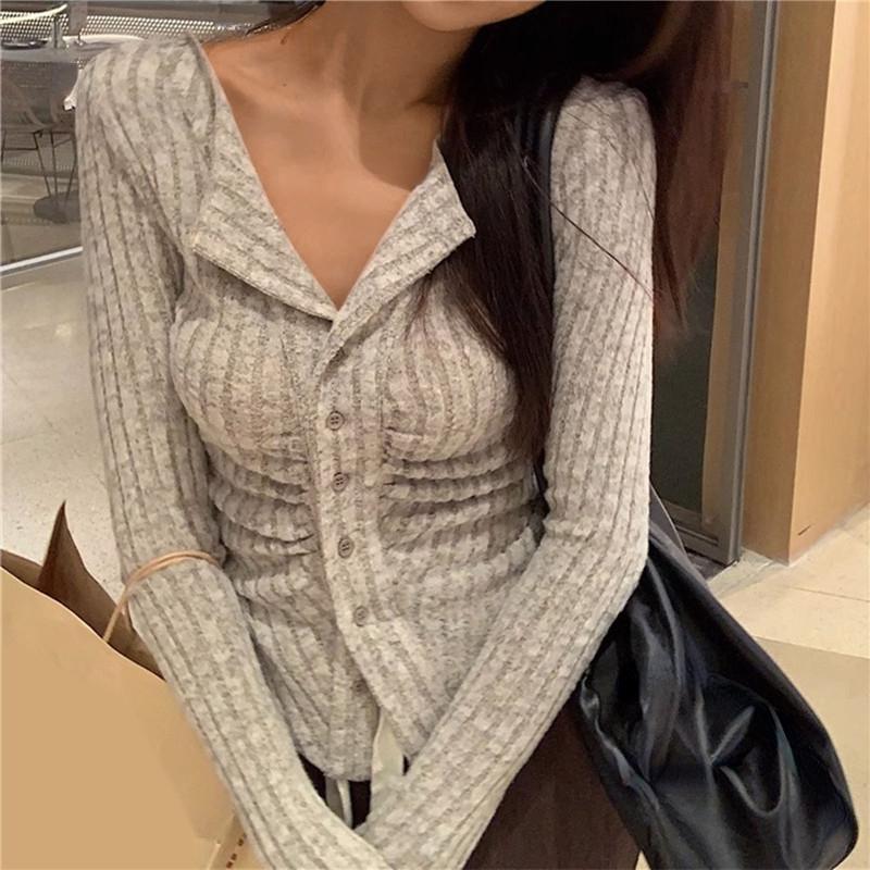 Korean New Knit Cardigan Women Y2k Clothes V Lapel Long Sleeve Knitted Jumper Collar Sweater Coat Vintage Slim Cardigan