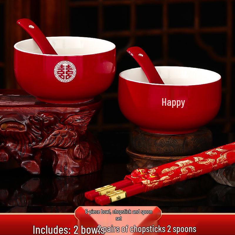 Wedding Red Tea Set: Happy Bowls, Cups, & Chopsticks Duo for Toasting & Dowry Collection