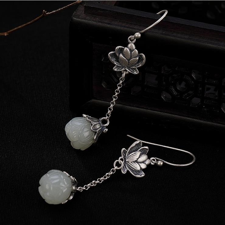 Original Natural Hetian White Jade Lotus Long Earrings Chinese Retro Light Luxury Charm Women'S   Jewelry