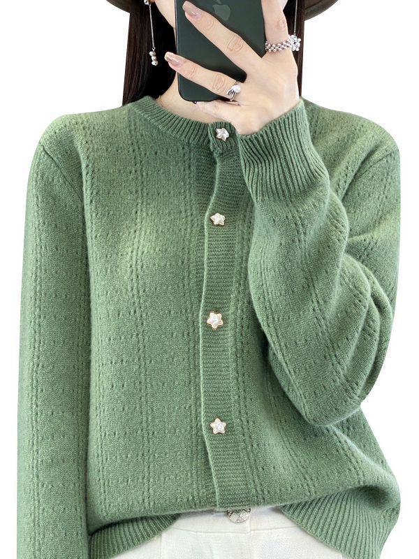 Women's Round Neck Wool Cardigan: Loose Fit, Solid Color, Hollow Long Sleeve - Suitable for Spring, Autumn, and Winter.