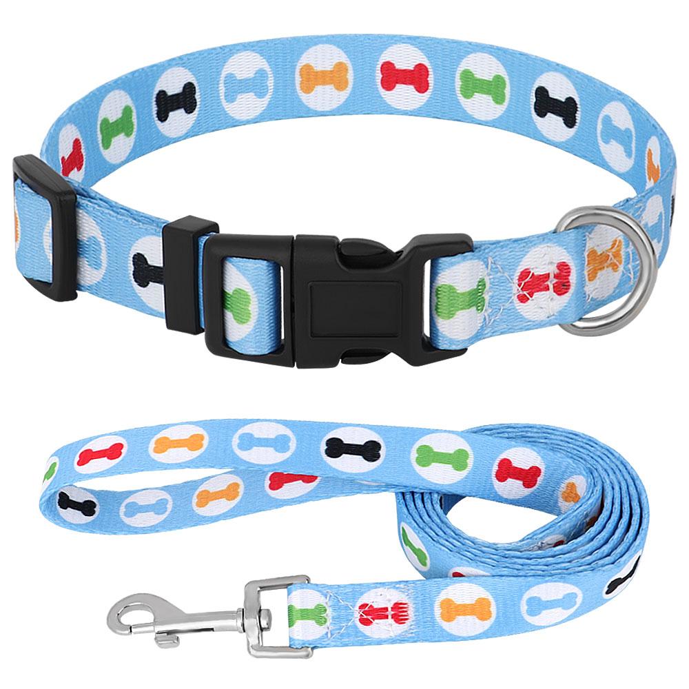 Cute Puppy Dog Collar and Leash Set Adjustable Dogs Cats Printed Collar Walking Lead Leash Chihuahua Collar Necklace Bone Print
