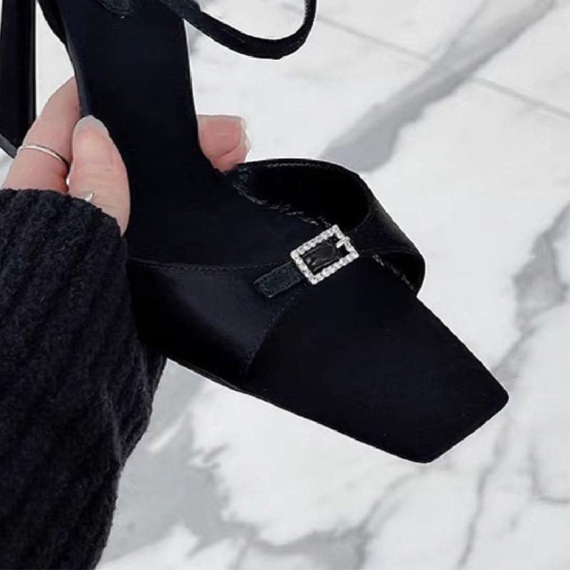 Sparkling Diamond Buckle Stiletto Heels Women's 2024 New Black Versatile Slotted Buckle Strap Open Toe Square Toe Sandals