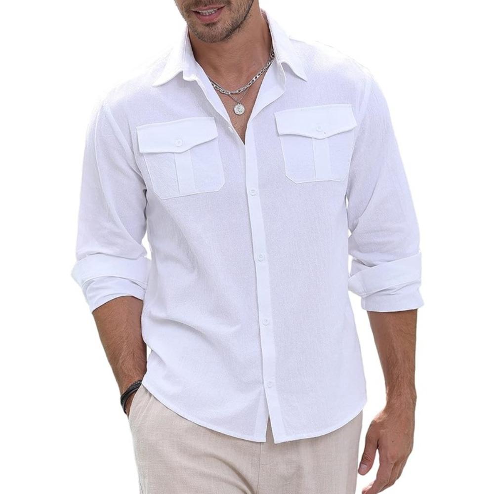 Maglietta polo da uomo a maniche lunghe per primavera ed estate, design a doppia tasca, alla moda, casual, slim, traspirante, tinta unita, camicia da uomo a maniche lunghe