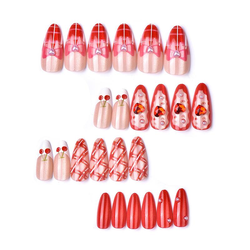 24 pieces of almond cat's eye wearing nail exquisite red cherry bow handmade point diamond nail art