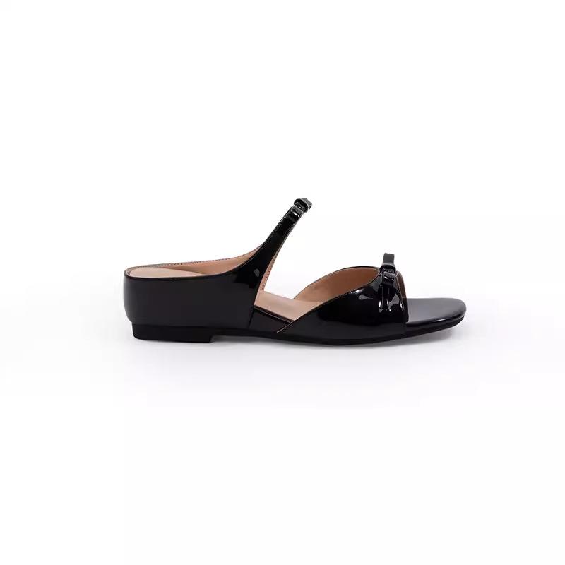 4.5Cm Inner Height Increase Square Head Wedge Heel Sheepskin Bow Slippers Women's Sandals Summer New