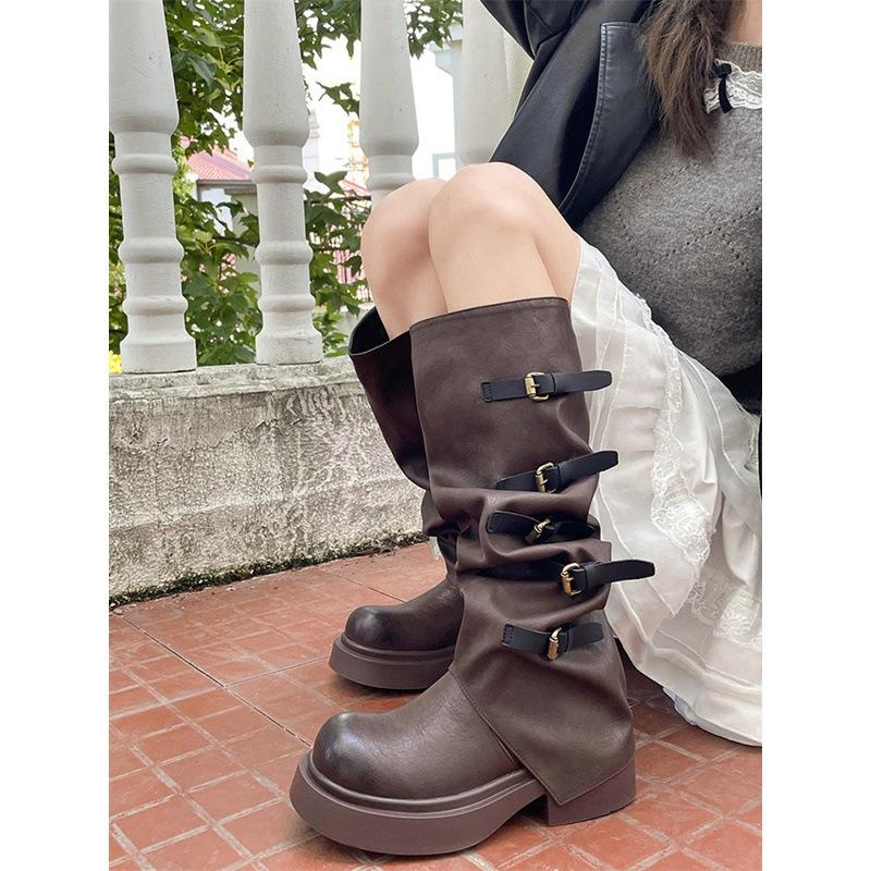 Small thick-soled black long knight boots women's 2025 spring and summer new design pleated stacking boots