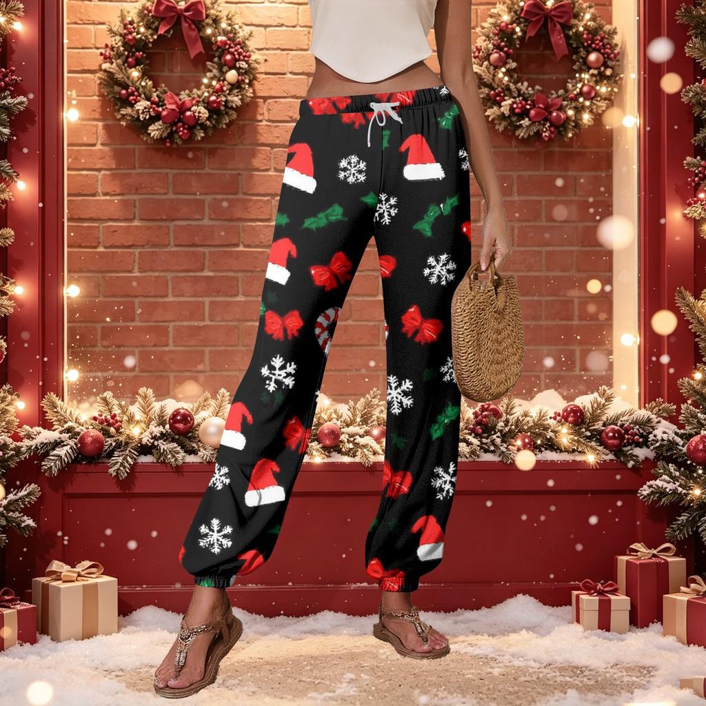 Women's Casual Christmas Print Sweatpants with Elastic Waist and Tapered Cuff Joggers